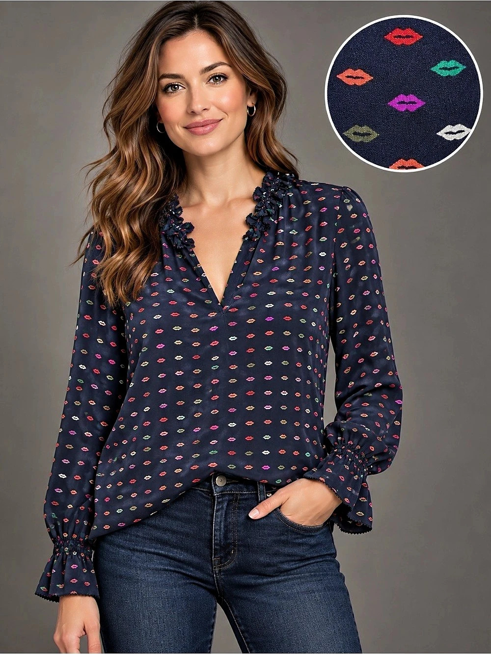 J.Crew Ruffle Neck Silk Lips Print Blouse Navy Multicolor Size 8 Novelty